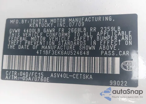 2010 Toyota Camry Se from USA, damaged, VIN 4T1BF3EK6AU524648
